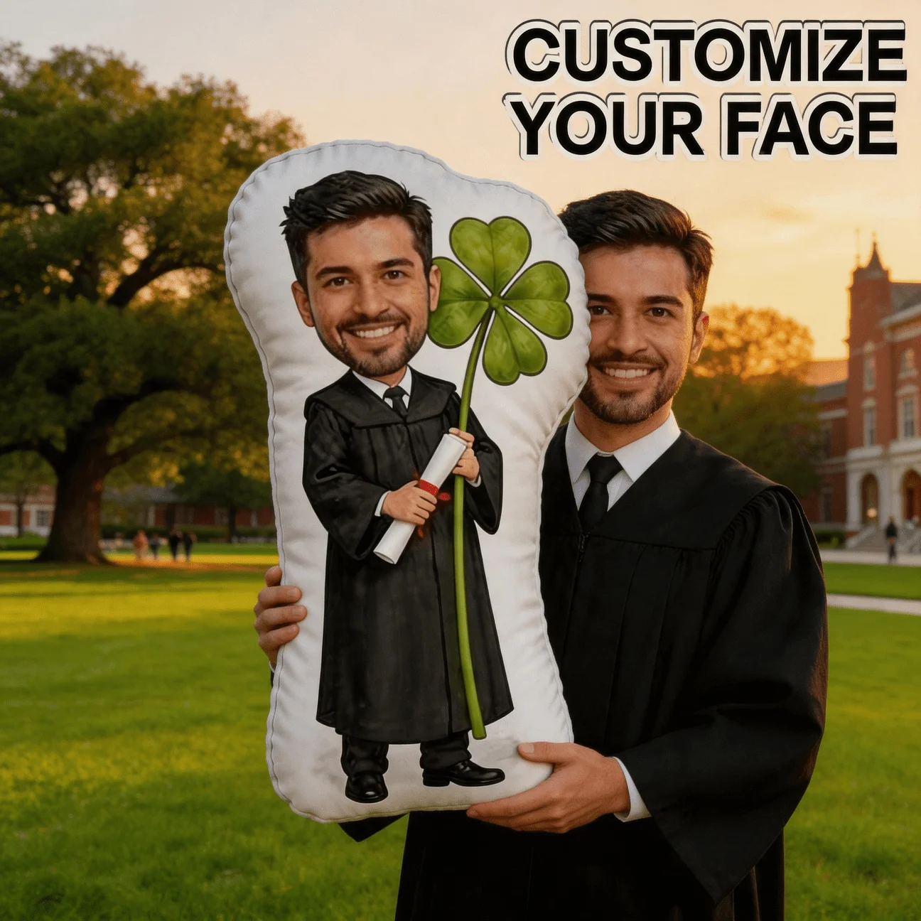 Custom Photo Shaped Pillow, Personalized Graduate for Man Holding Clover & Diploma Custom Picture Decorative Cushion, Unique Hom