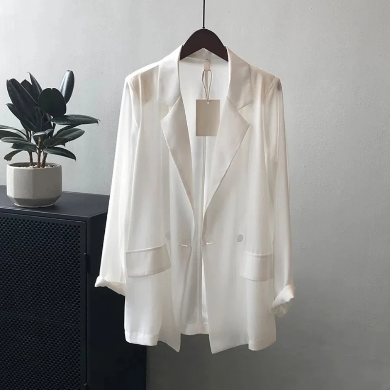 All-match Turn-down Collar Solid Color Pockets Button Chiffon Cardigan Shirt Coats Formal Women\'s Clothing Spring Summer Tops