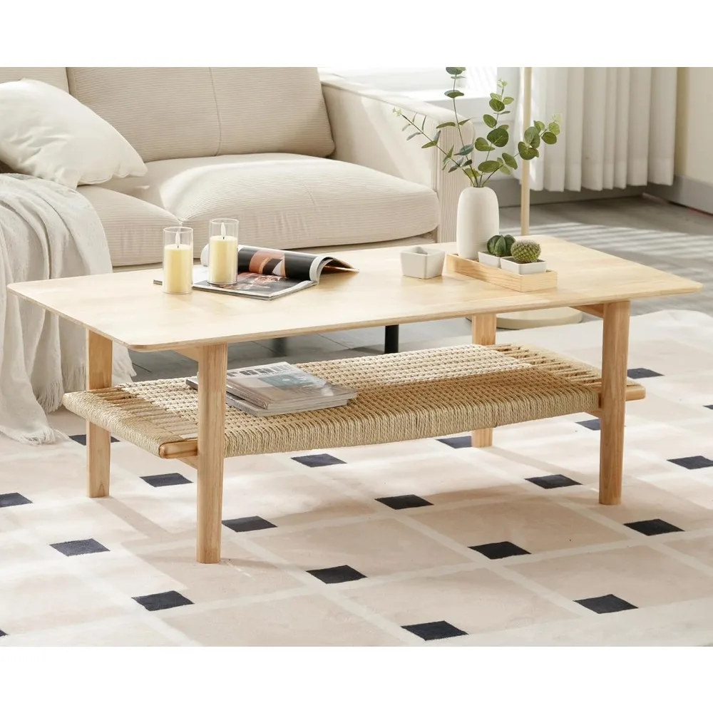 

Farmhouse Coffee Table Rectangular Living Room Table with Rattan Storage Solid Wood Center Table for Apartment, Home, Of