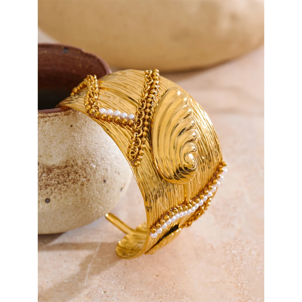 Yhpup 58mm Stylish Stainless Steel Wide Ocean Conch Shell Open Big Bracelet Bangle Summer Holiday Beach Statement Golden Jewelry