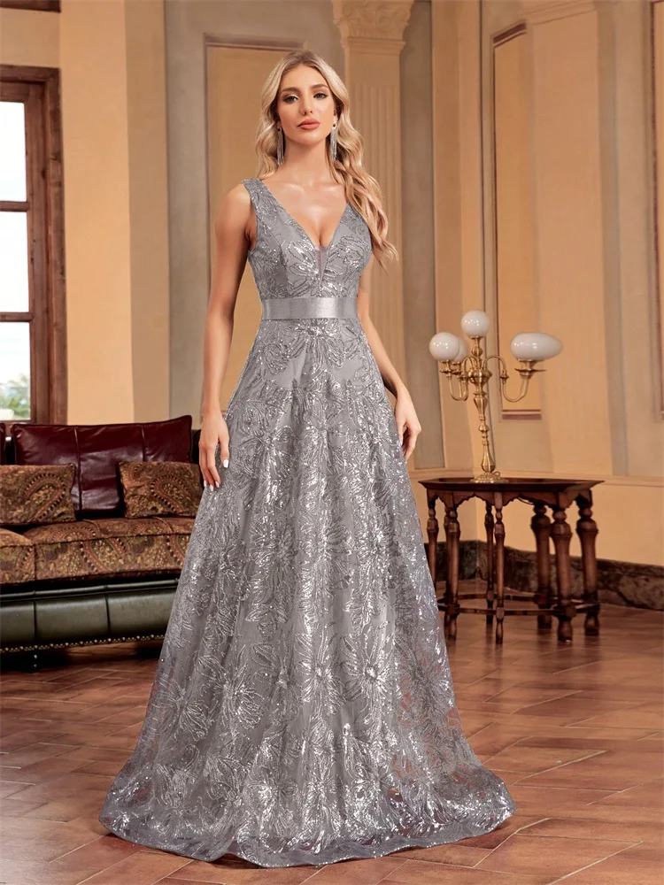 

BLUEPLUM New Luxury Deep V-Neck Sequins Green Evening Dresses Women Elegant V-back Wedding Party Long Prom Cocktail Dress Gown
