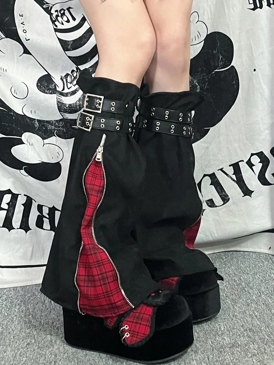 IMU Steampunk Retro Red Plaid Patchwork Denim Leg Warmer Women Zip-up Leather Belt Black Boots Cover Grunge Y2k Streetwear