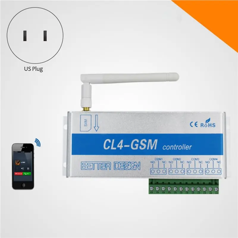 【RECOMENDAR】2X 4 Channel Relay CL4-GSM SMS GSM APP Wireless Controller GSM Receiver And Switch Gate/Door Opener Operator(US Plug