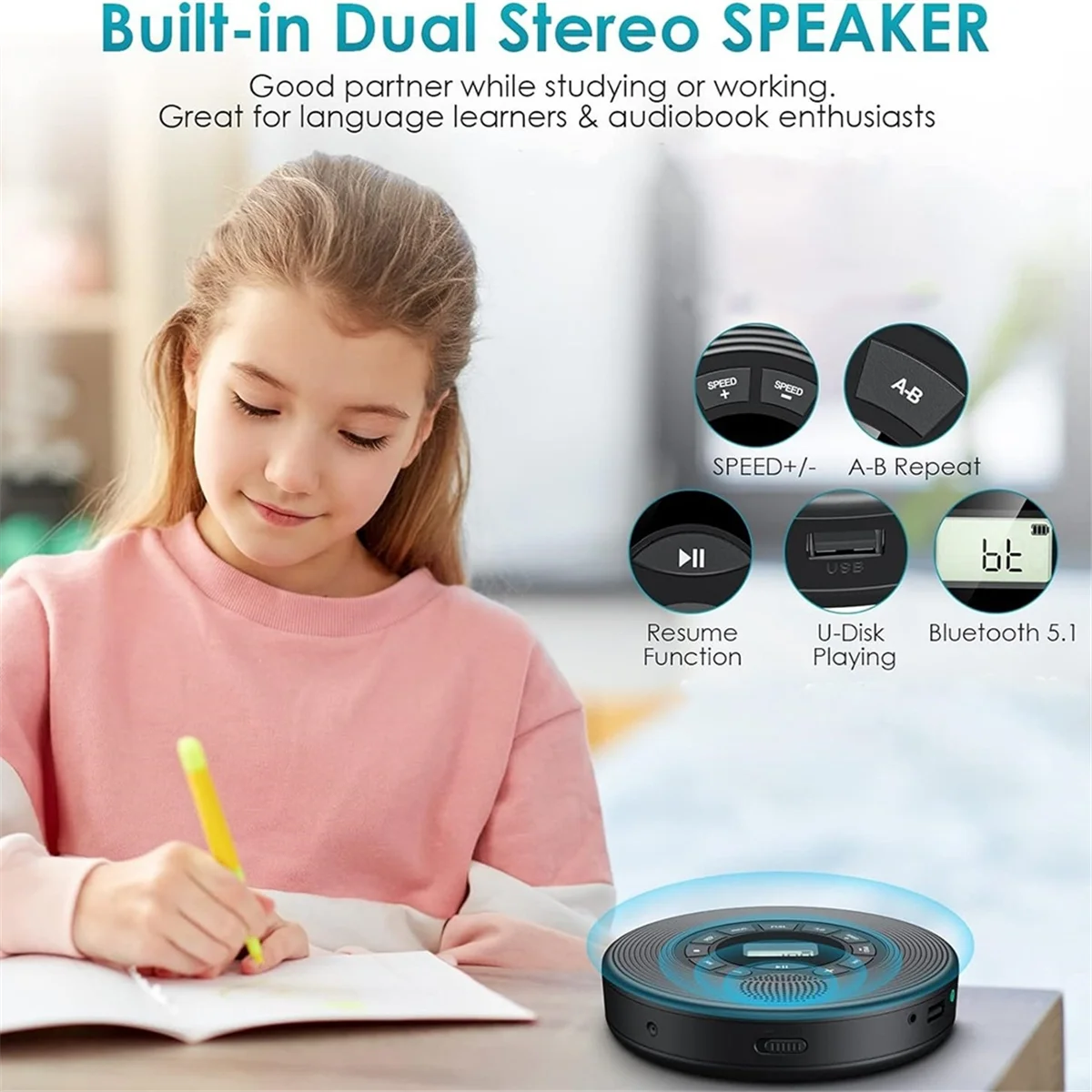 

2025+1500mAh Bluetooth CD Player with FM Transmitter Headphones AUX USB Anti-Skip Portable Discman for Car