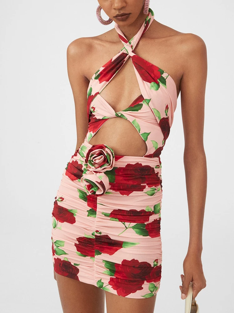 Trendy Women's Halter Neck Cut-out Mini Dress Bold Red Rose Print Ruched Skirt Design Perfect for Summer Festivals' Beach Party