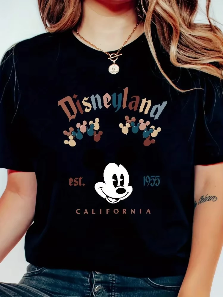 

Disney 2026 New Paradise 1955 California Mickey Mouse Print Stylish Women's Crew Neck Relaxed Plus Size Short Sleeve T-Shirt
