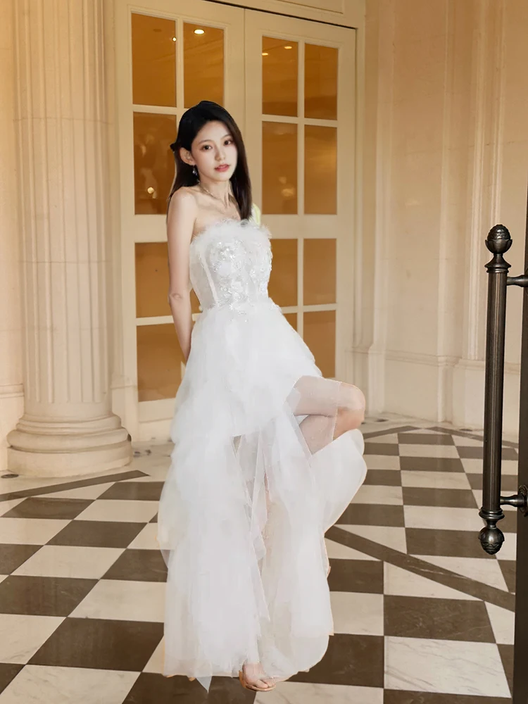 

Ele Evening Gown Women's High-End Embroidery Feather Bustier Dr for Engagement Birthday Year Conference Adult Ceremony