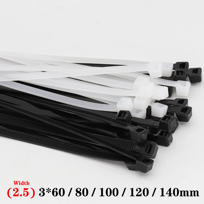 

3*60/80/100/120/140mm 2.5mm Width White Black Wire Cable Self-Lock Nylon Plastic Strap Wrap Ziptie Bundle Zip Ties Cable Tie