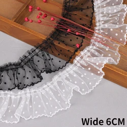 6CM Wide White Black Tulle Mesh Wrinkled Pleated Lace Fabric Dress Collar Ruffle Trim Polka Dots Embroidery Ribbon Sewing Decor