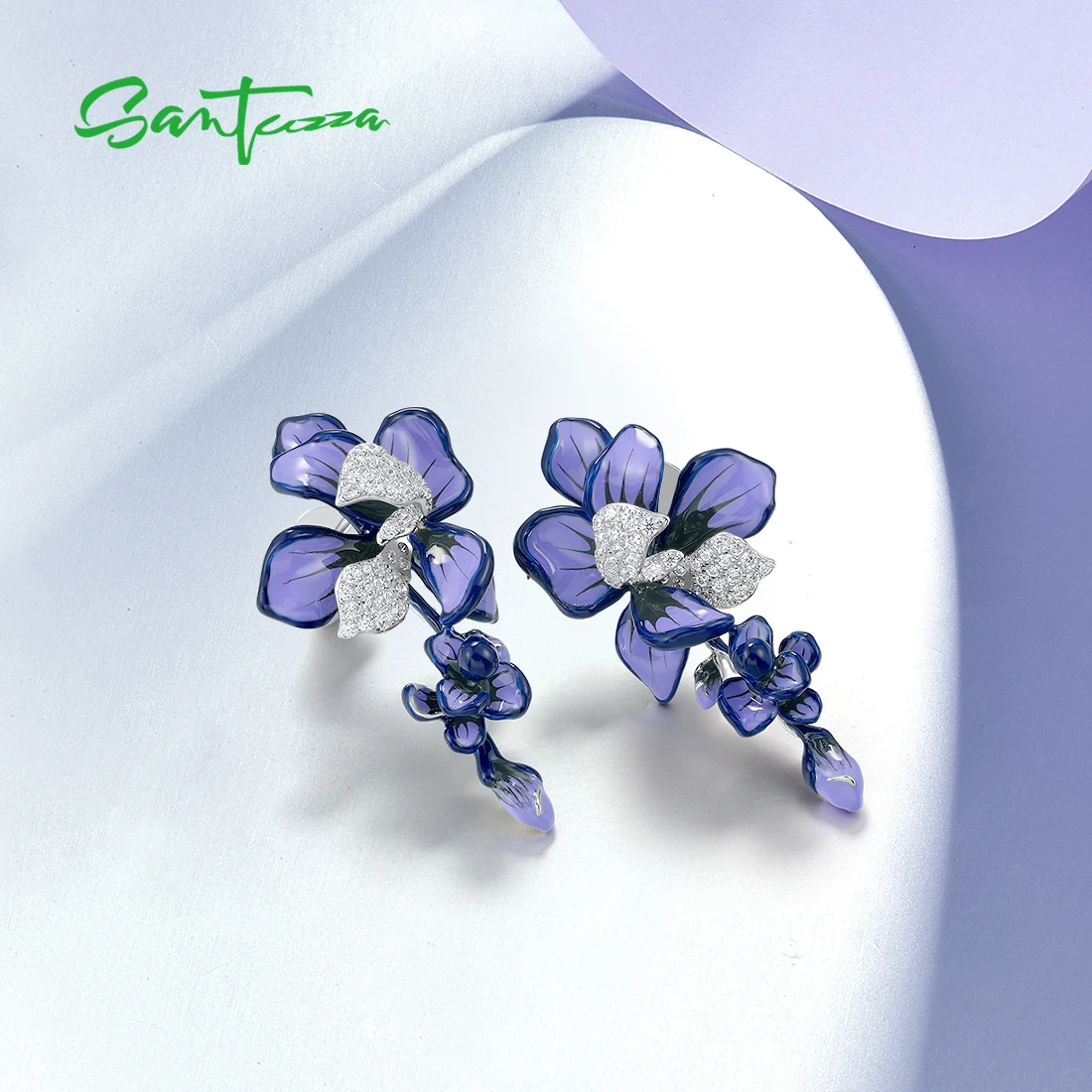 SANTUZZA Real 925 Sterling Silver Stud Earrings For Women Sparkling Purple & White Enamel Flower Trendy Wedding Fine Jewelry