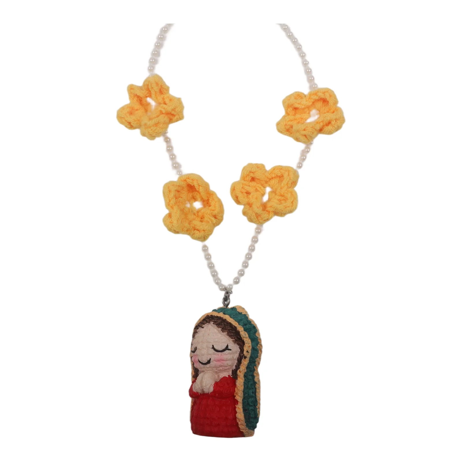 For Rearview Mirror Yarn Bead Statue Mary Car Charm For Christmas Handcrafted Crochet Yarn And Bead Construction