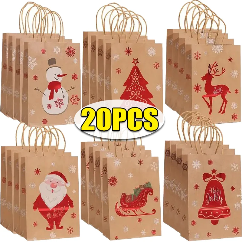 1/20Pcs Kraft Paper Christmas Gift Bags Santa Claus Candy Snack Packing Pouch Xmas New Year Festive Party Decor Presents Bag