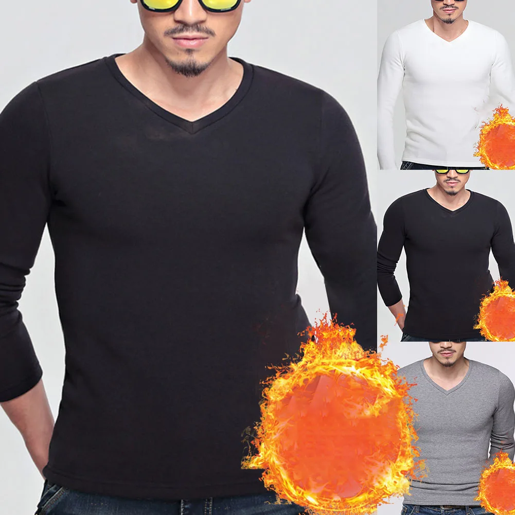 Mens Winter Thermal Fleece Lined V Neck Long Sleeve Undershirt Pullover Tops Elastic Compressions Fitness For Winter Sprots Wear