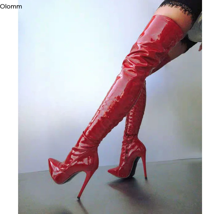 

Olomm New Women Shiny Thigh High Boots Stiletto High Heels Boots Pointed Toe Gorgeous Red Club Shoes Women Plus US Size 5-15