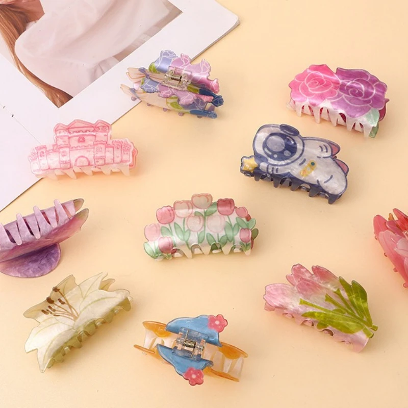 Pinces à cheveux géométriques surdimensionnées en acrylique imprimées de fleurs double face pour femmes, accessoires capillaires élégants