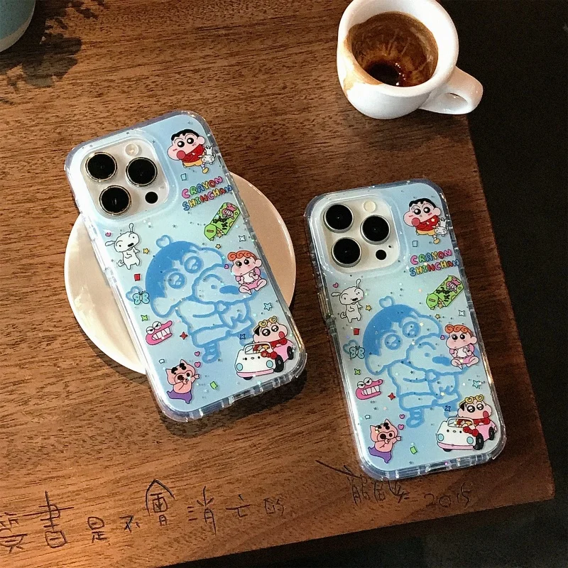 

Cute Cartoon Crayon Shin-chan Bling Glitter Phone Case for iPhone 14 15 16 Pro Max 3D Anime Shin-chan shockproof Back Cover