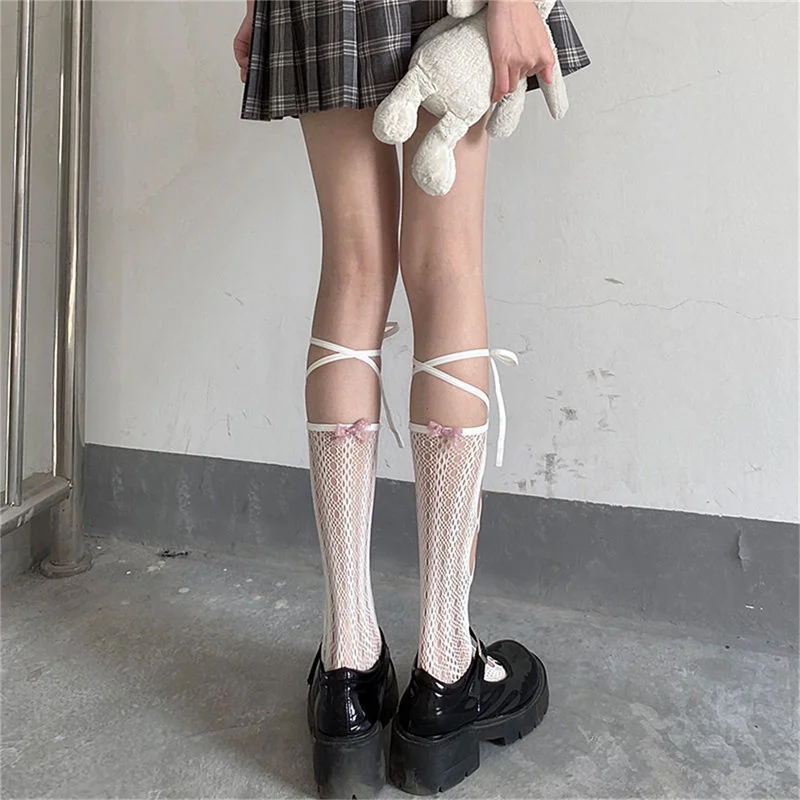 Women Sexy Bandage Cross Ribbon Hollow Stockings Anti-Snagging Party Fish Net Stockings