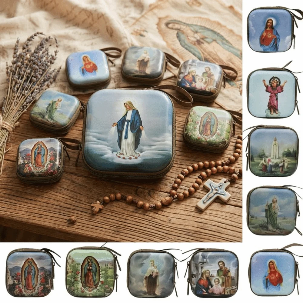 Bolsa de Armazenamento para Rosário de Oração da Virgem Maria 7x7cm, Caixa de Joias Religiosa em Ferro Forjado, Kit de Oração Elegante com Desenho Animado, Artigos Religiosos