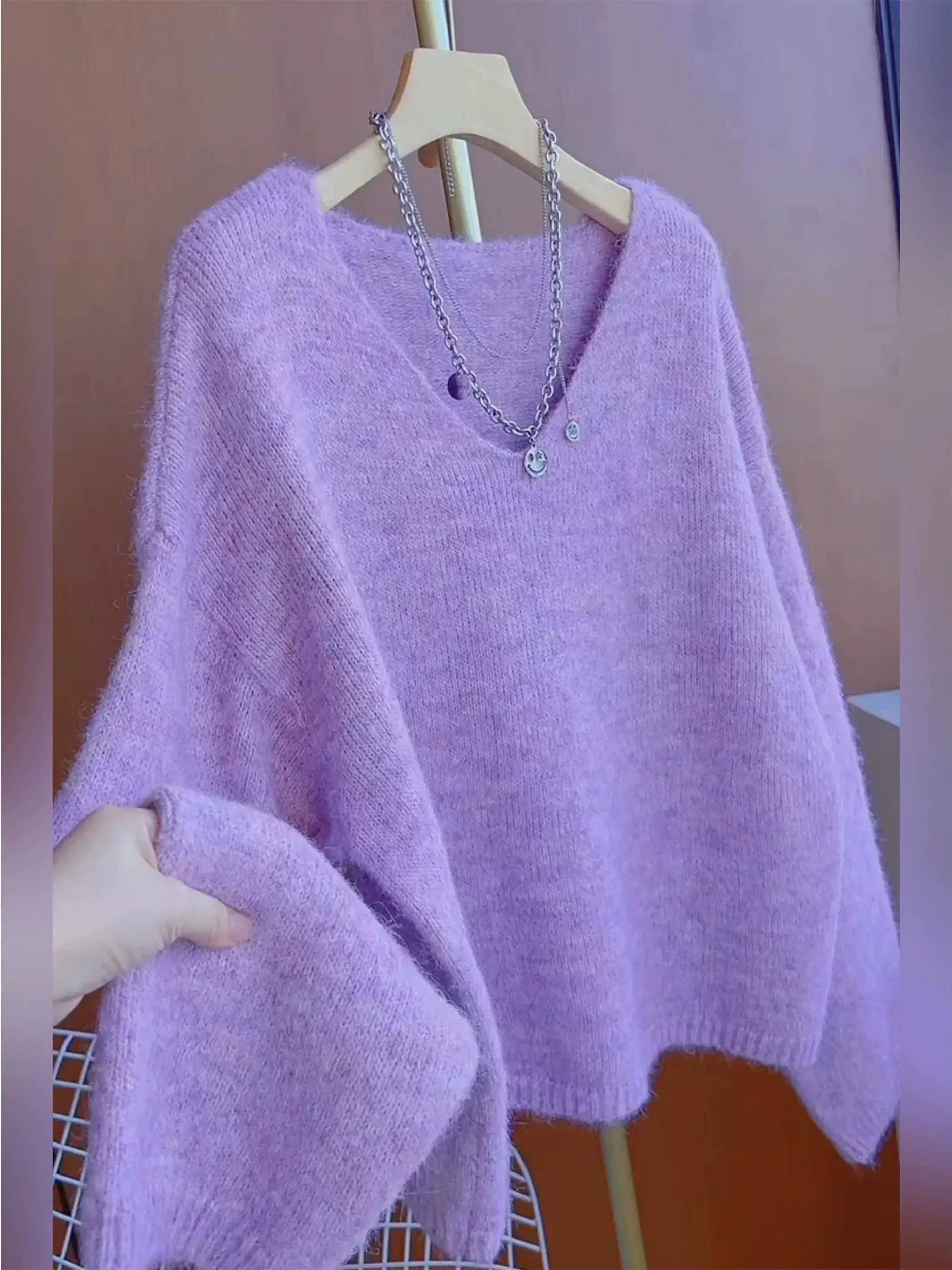 Loose V-Neck Knitwear Women's Purple Casual Style Long Sleeve Sweater Autumn Fashion plus Size Comfortable Versatile Top