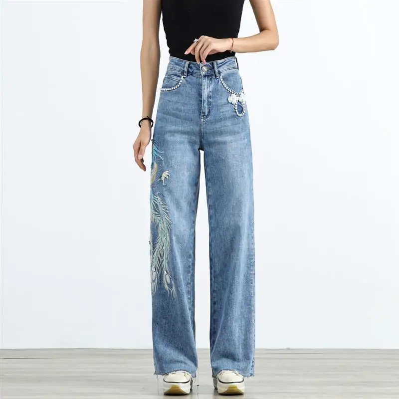 Phoenix Embroidered Wide-leg Pants Jeans Women's High Waist Long Pants 2023 Autumn Winter New Pants Straight Loose Mop Pants