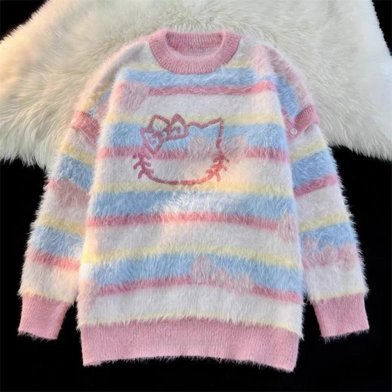 Sanrio Hallo Kitty neue gestreifte Rundhals pullover Frauen koreanischen Stil Mode Strick oberteile Herbst Winter süße Kleidung y2k Pullover