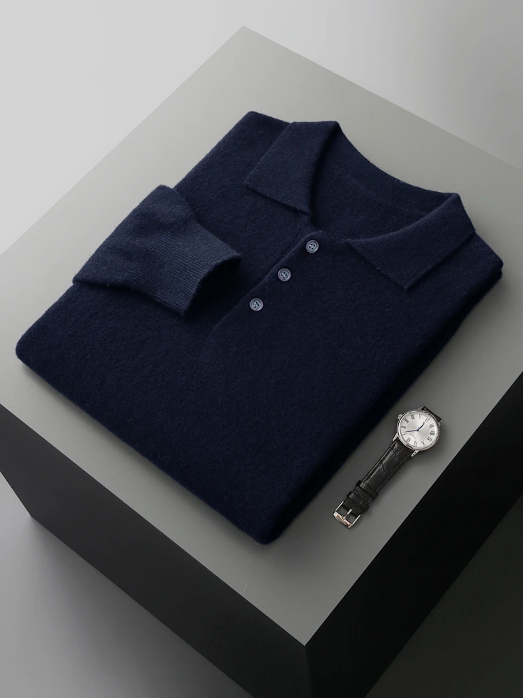 

Мужской свитер-пуловер из 100% мериносовой шерсти, осенне-зимняя одежда, универсальный трикотаж с воротником-поло, стильный повседневный деловой образ