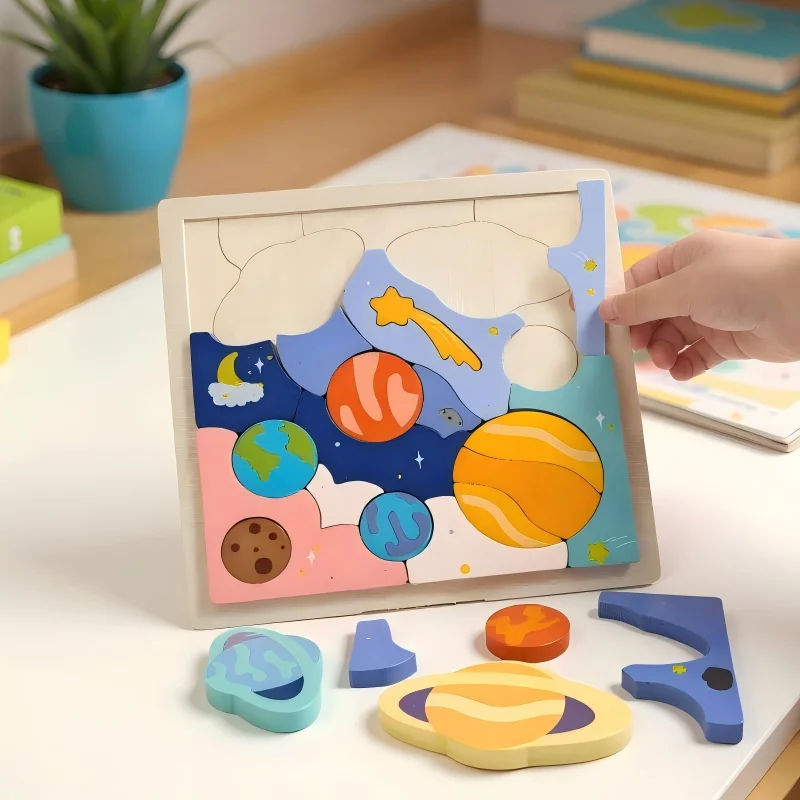 Puzzle d'univers créatif en bois, blocs de construction de puzzle planète, jouets éducatifs pour enfants, apprentissage de la petite enfance