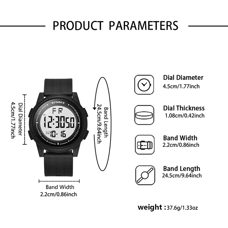 Synoke-男性用ラウンドLEDライト付きメンズ電子時計、男性用防水スポーツウォッチ