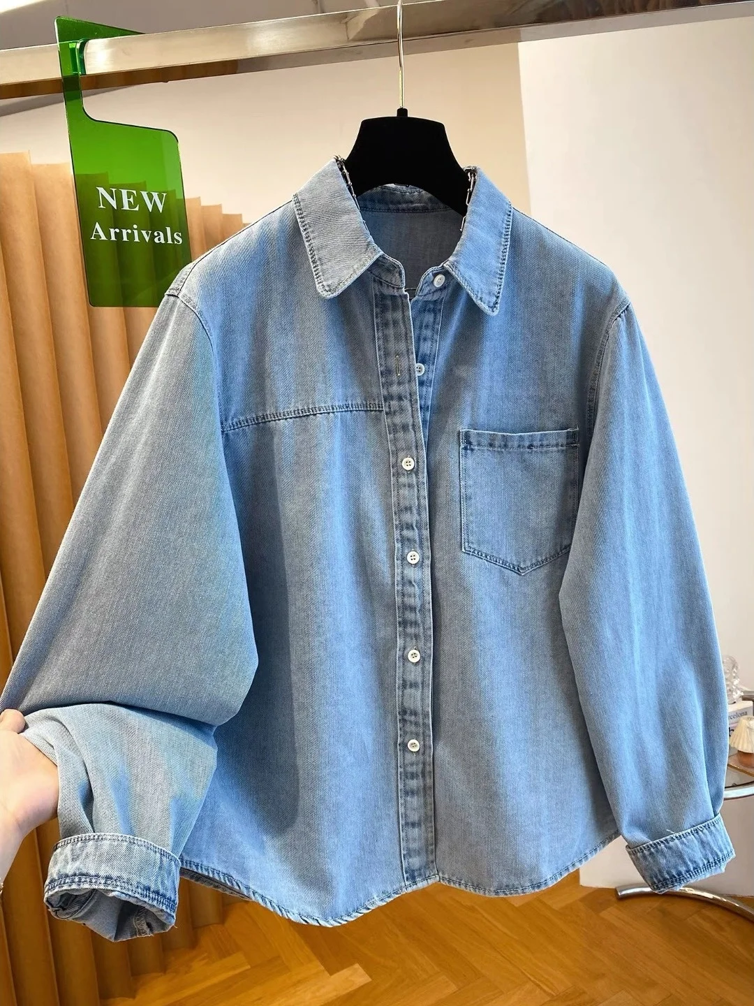

Retro Waed Loose Women's Denim irt Early Spring Inner Wear T-irt Sle Blue Jeans Casual Collar Long Sve