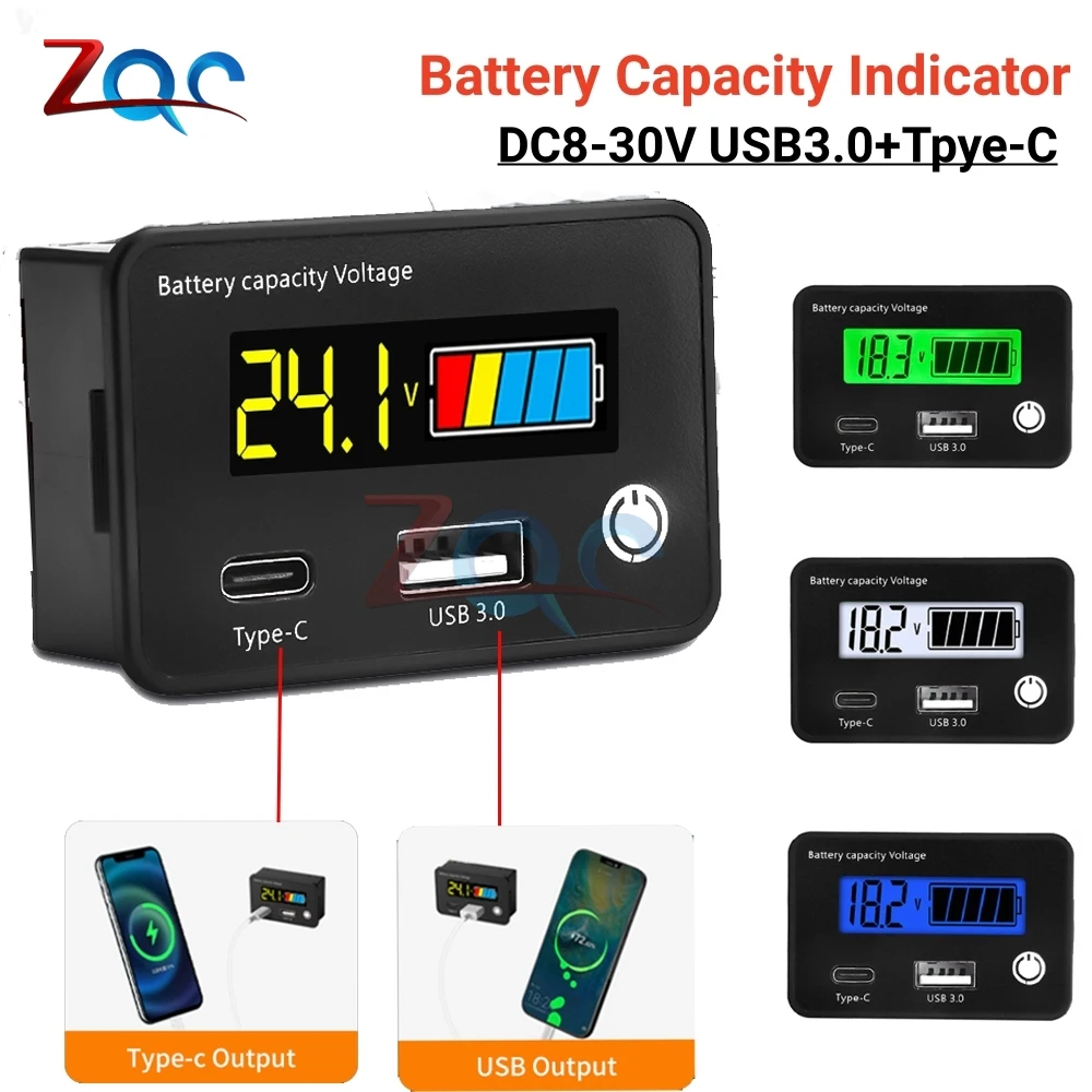 Battery Capacity Indicator DC8-30V Lead Acid Lithium LiFePO4 Car Motorcycle Voltmeter Power Meter Voltage Gauge USB3.0+Tpye-C