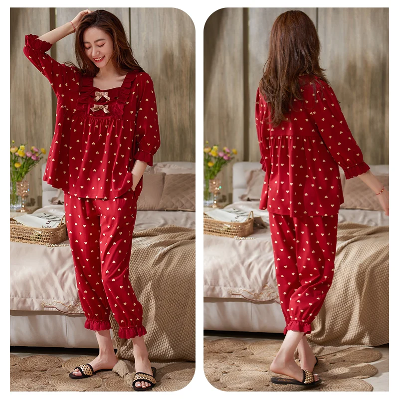 Women Lace Pajamas Set Three Quarter Sleeve Pijamas Mujer Summer Sweet Cute Princess Nightwear Red Heart Pattern Bow Homewear