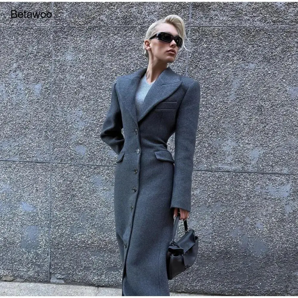 New Women's Slim V Neck Long Coat Shoulder Pad Single Breasted Maxi Overcoat With Belt Winter Lady Commute Outwear