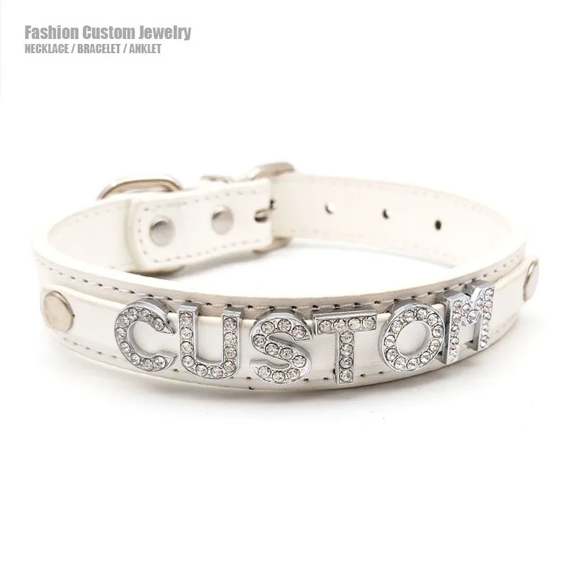 

White PU Diamante Letters Custom Choker Necklace Women Men Customized Name Word Cosplay Collar Jewelry Personalized Chocker