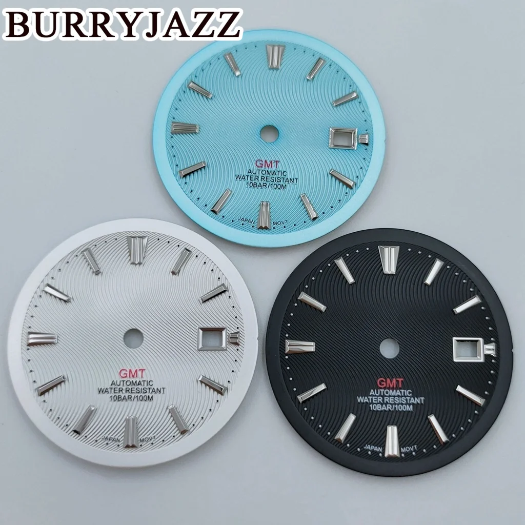 BURRYJAZZ 33.5mm No Logo NH34 NH35 GMT Watch Dials Silver Black Gold Blue Green Dial Fit 3 O'clock 3.8 O'clock Case Crown