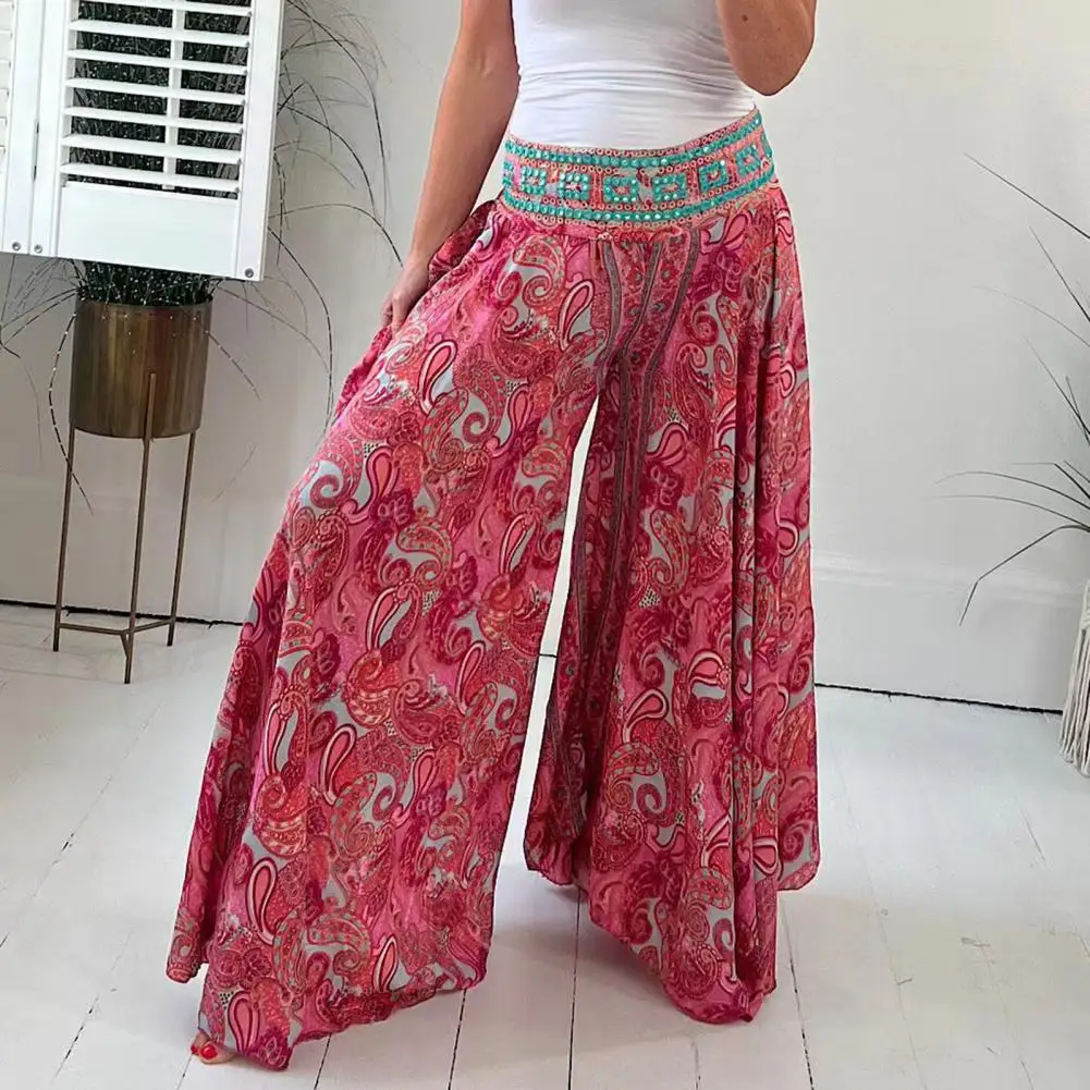 Pantalones informales de pierna ancha para mujer, pantalón largo elástico de cintura alta, pantalón holgado con estampado Retro, ropa de calle para playa