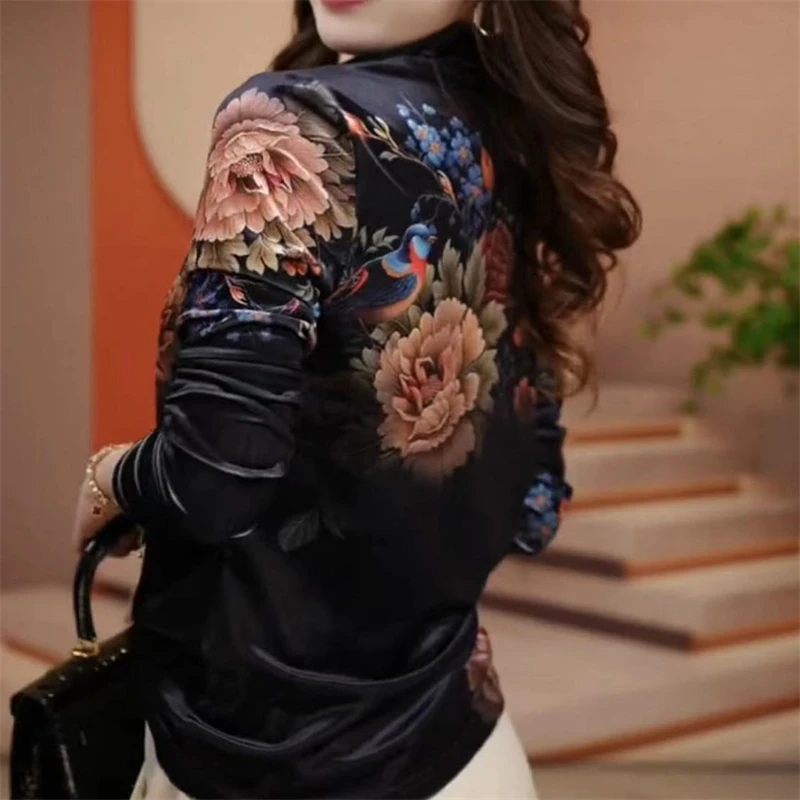 Women Clothing Autumn Winter Vintage Floral Print Luxury Velvet Elegant Basic T Shirt Fashion Half High Collar Long Sleeve Tops