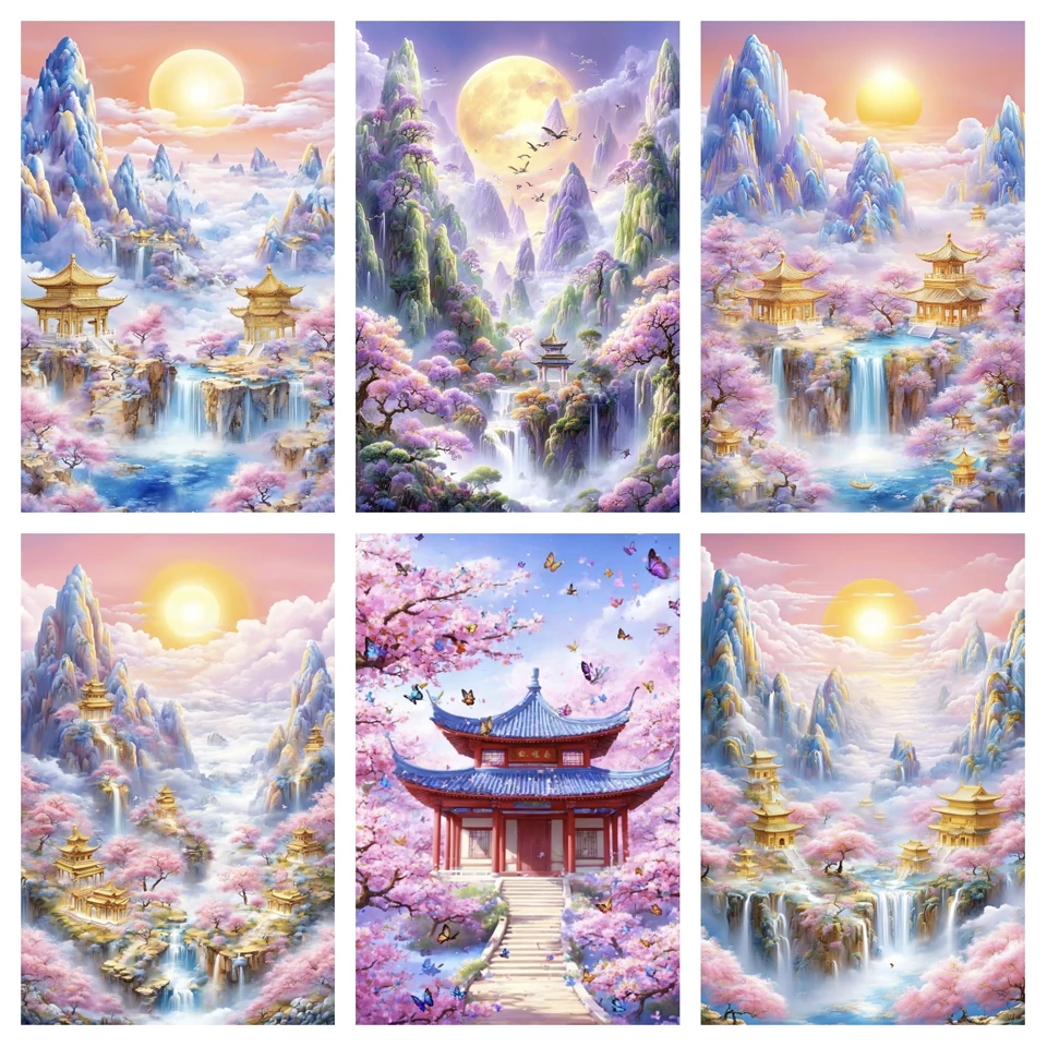 

New 5D Diamond Painting Art Landscape Tower Sunshine Tree Landscape Painting Full Diamond Mosaic Embroidery Rhinestone Picture