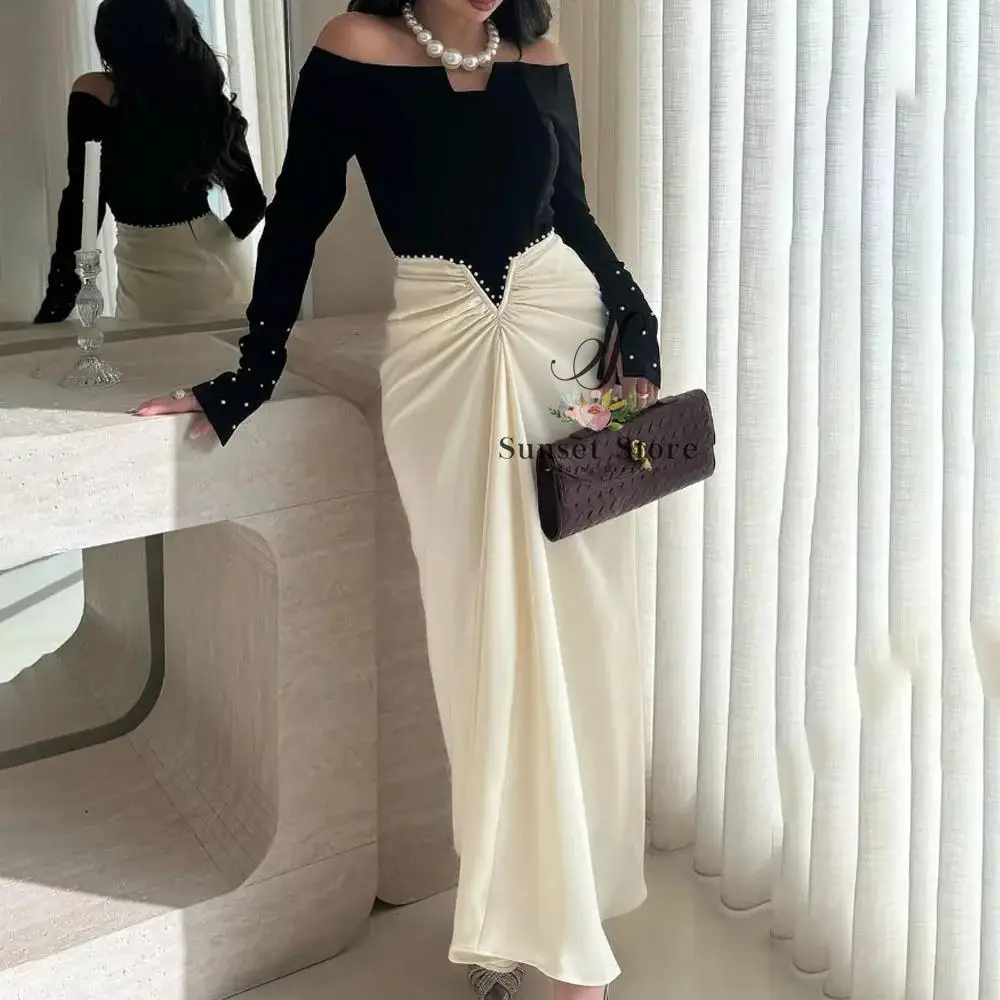 

Customized High Quality Ankle Length Beaded Three Quarter Color Contrast Wrinkle Zipper Women Vestidos Elegantes Para Mujer