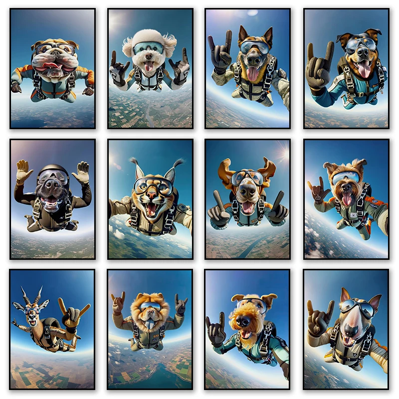 Skydiving Shepherd French Bulldog Fox in Free Fall Photograph Poster Print Wall Art Pictures Canvas Painting Room Home Decor