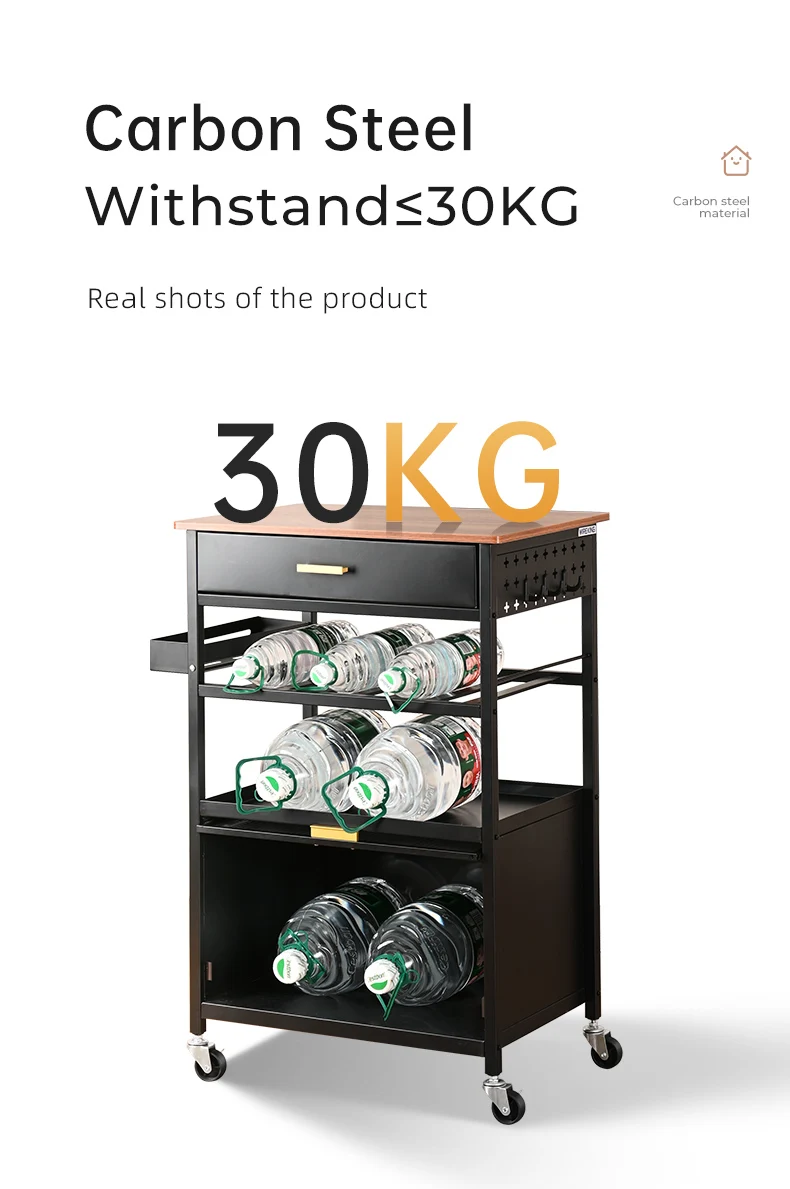 Eco-friendly And Durable Rolling Kitchen Storage Wine Cart Kitchen Island Wood Top Kitchen Food Serving Trolley With Drawers