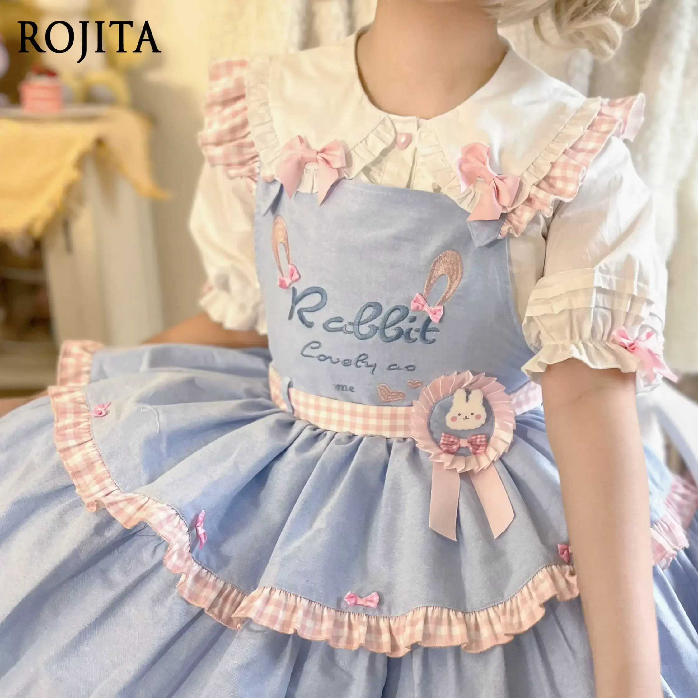 Lolita Elegant Blouse Female Cute Rabbit Candy Color Doll Collar Bow Short Sleeve Shirt Sweet Summer Tops White Shirt Women