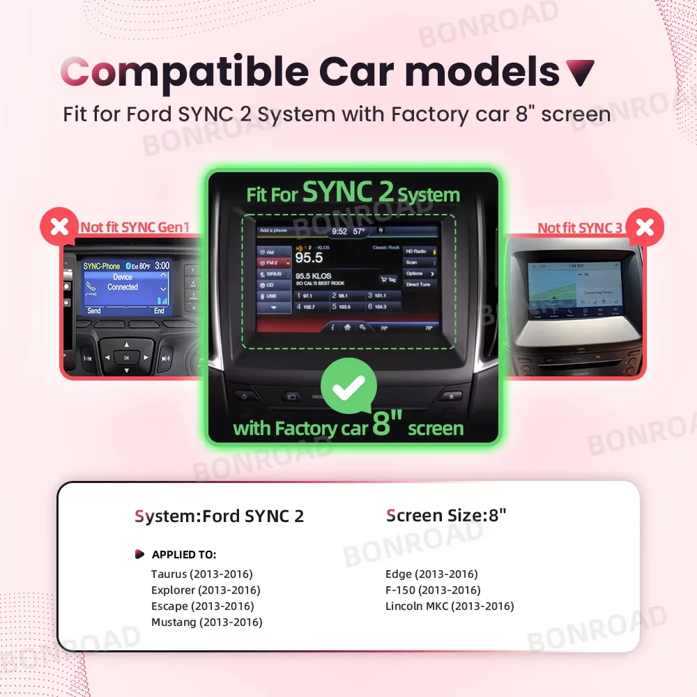 Bonroad Wireless Apple CarPlay Android Auto Module For Ford Focus Mondeo Escape F-150 Edge Mondeo Mustang 8‘’ Sync 2 System