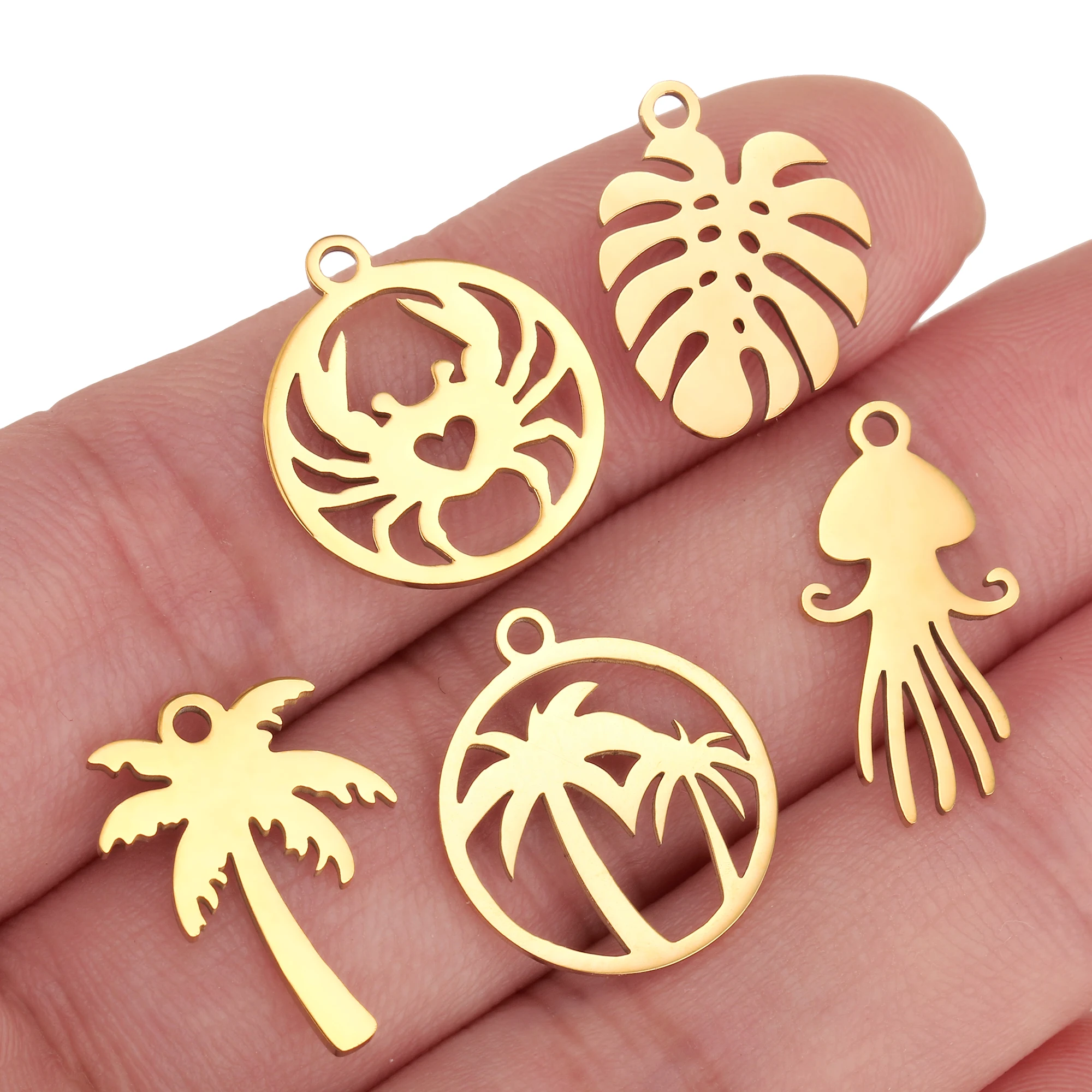 5Pcs Pineapple/Monstera Leaf/Tropical Hawaii Palm Tree Charms Stainless Steel Conch Pendant DIY Bracelet Necklace Jewelry Making