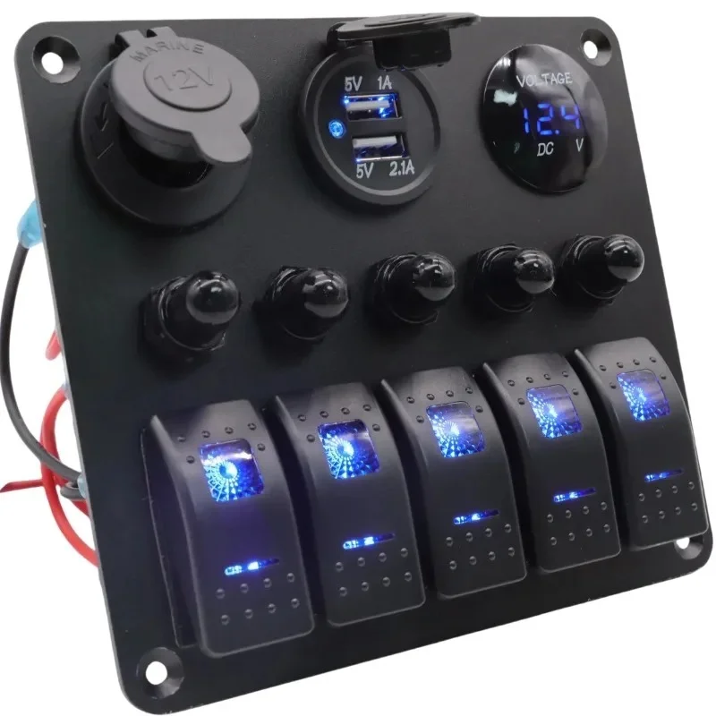 5 Gang Marine Boat Switch Panel 12V/24V IP65 Waterproof Pre-wired Rocker Switches with Dual USB 3.1A Voltmeter Cigarette Outlet