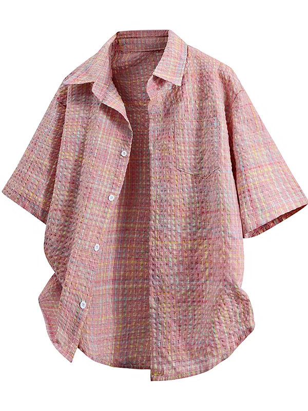 

Pink ort Sve irt Women's Summer Loose Fit Plaid Outerwear Lazy Cardigan Trendy Breathable Polyester Fiber irt