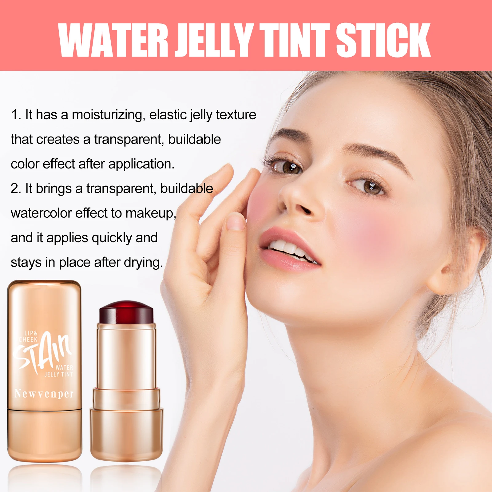 Durable Waterproof Water Jelly Tint Blush Stick for Face and Lip，Non-Sticky，Long Lasting，Moisturizing，Nourishing