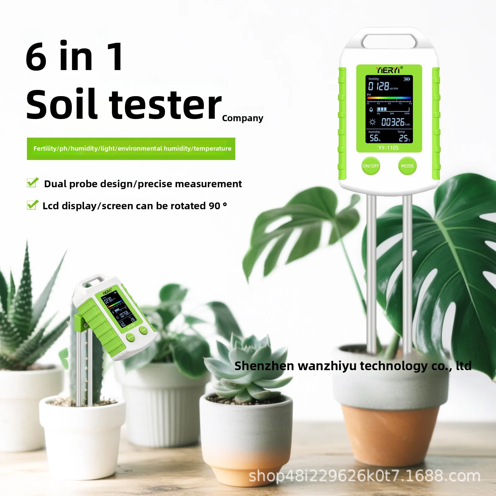 

YY-1105 Измеритель почвы 6-в-1: pH-метр, измеритель плодородия почвы, температуры, влажности/освещенности для садов, пастбищ и огородов