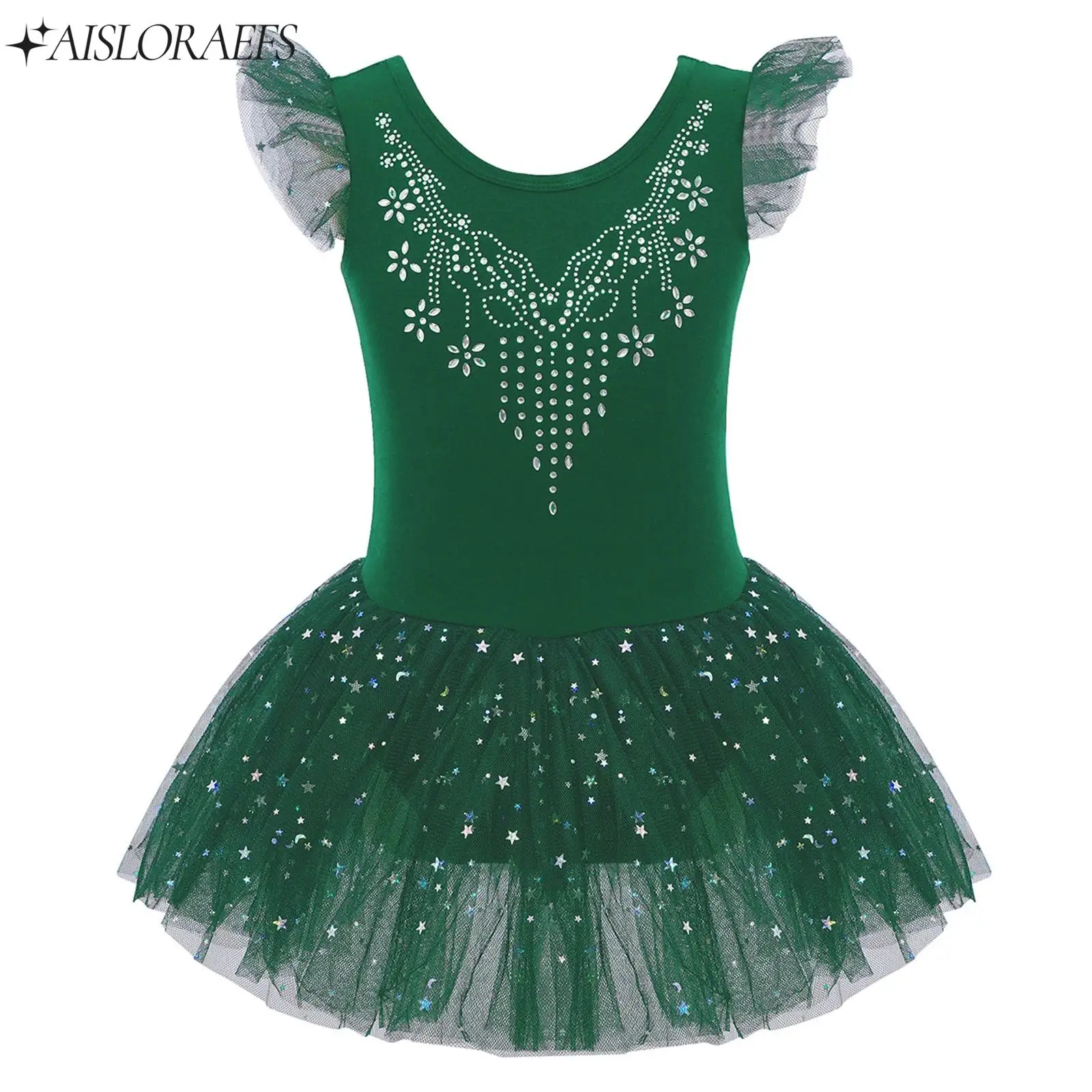 

Детское балетное платье для танцев, гимнастический купальник для девочек, с рюшами на рукавах, бантом на спине, стразами на лифе, пайетками, тюлевое платье, одежда для танцоров