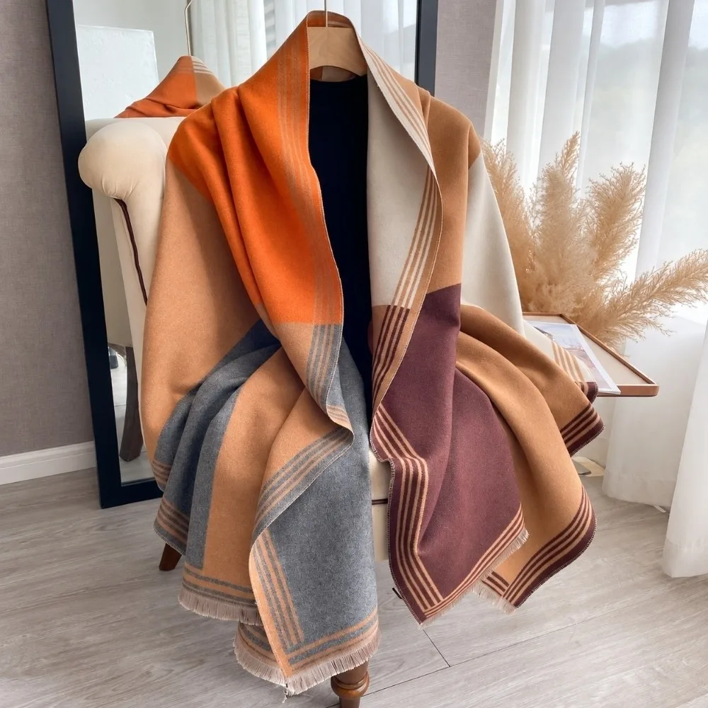 Luxury Warm Double Sided Scarf Soft Thick Cashmere Feel Scarf Over-Sized Plaid Pattern Fringe Edge Scarf Outdoor