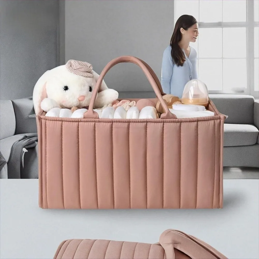 Large Capacity Baby Diaper Organizer Floral Beige Multifunctional Nursery Storage Basket Multi-Pocket Portable